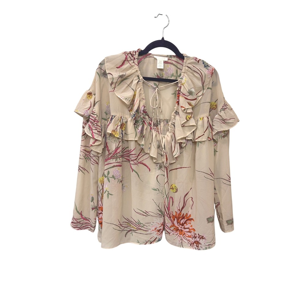 H&M Floral Ruffle SemiSheer Blouse Beige Pink Long Sleeve Romantic XS Oversized